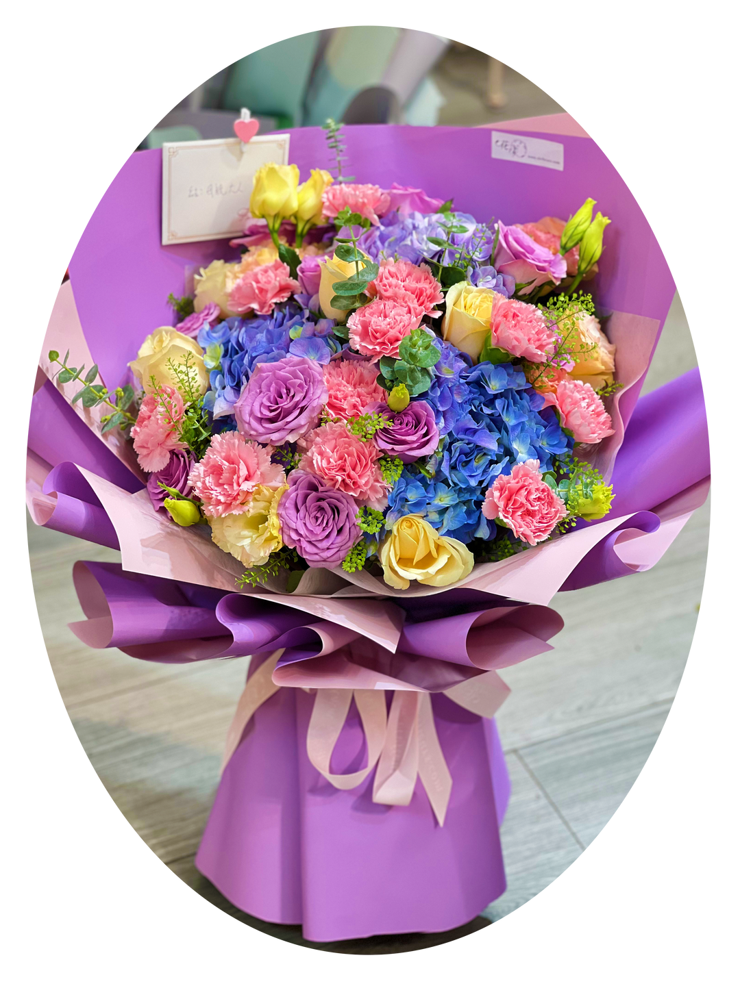 康乃馨, 紫玫瑰, 繡球花